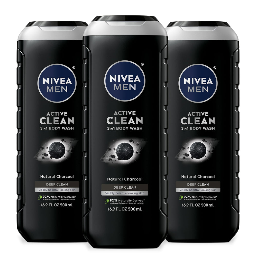 NIVEA MEN Active Clean Charcoal bottle front promotes the long-lasting scent.