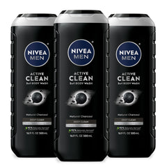 NIVEA MEN Active Clean Charcoal bottle front promotes the long-lasting scent.
