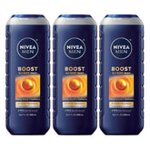 NIVEA MEN Boost bottle with citrus energizing scent for daily wake-up showers.