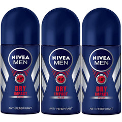 NIVEA Men Dry Impact Roll-On pack front showing 3x 50ml bottles for daily freshness.