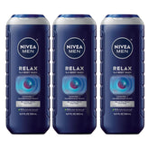 NIVEA MEN Relax bottle front with calming lavender and sandalwood scent for a soothing shower