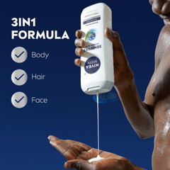 NIVEA MEN Sensitive 3in1 bottle showing body, face, and hair use.