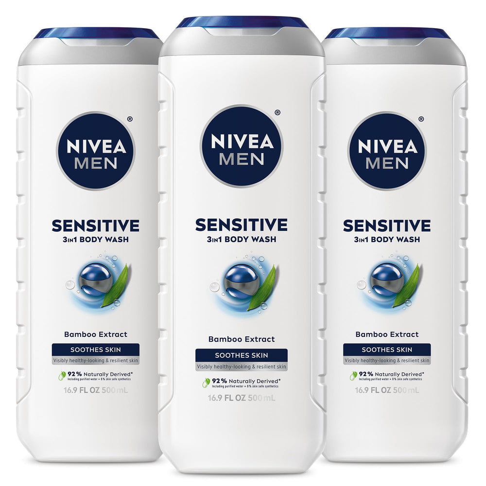 NIVEA MEN Sensitive Bamboo Extract bottle showcasing soothing formula for sensitive skin.