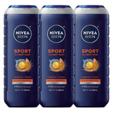 NIVEA MEN Sport body wash bottle front shows 3-in-1 cleansing for face, body, and hair after workouts.