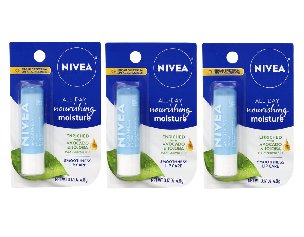 NIVEA Smoothness Lip Care SPF 15 triple-pack front view for all-day hydration