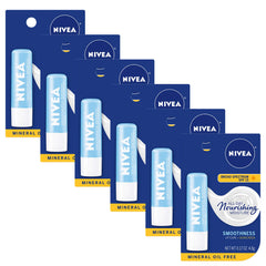 NIVEA Smoothness Lip Care SPF15 pack front shows six-pack with sun protection and moisture benefits