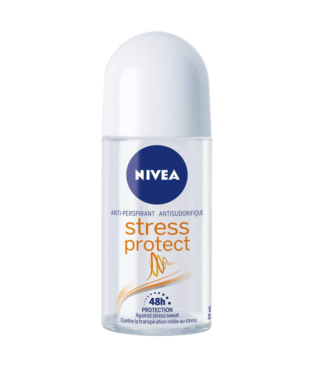 NIVEA Stress Protect zinc complex roll-on bottle close-up for odor control.