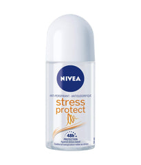 NIVEA Stress Protect zinc complex roll-on bottle close-up for odor control.