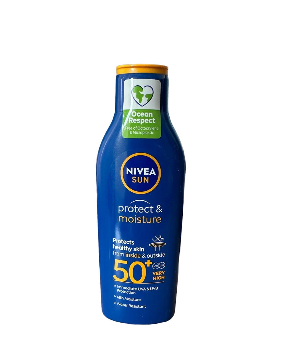 Nivea Sun Moisturising Lotion SPF 50+ 200ml bottle showing long-lasting hydration for sunny days