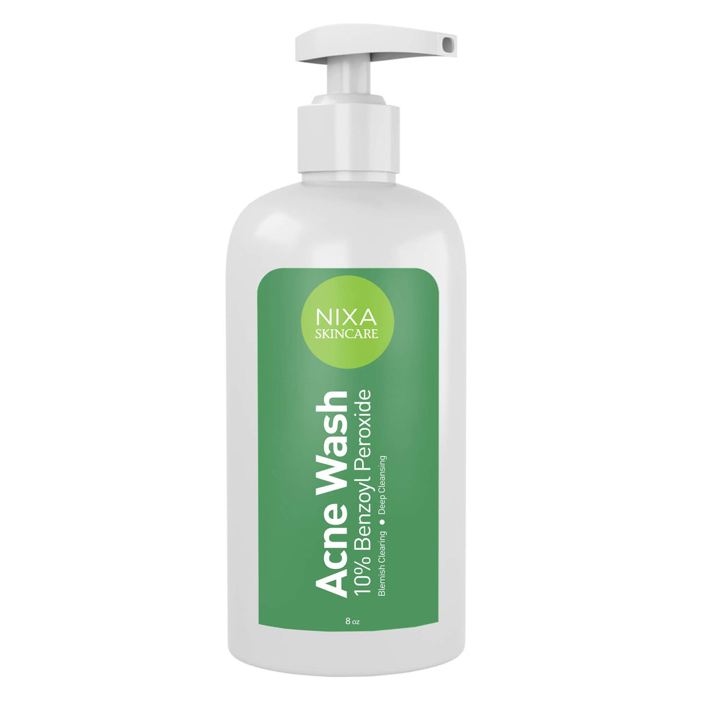 NIXA Skincare 10% Benzoyl Peroxide Wash bottle for acne-prone skin, unclogs pores.