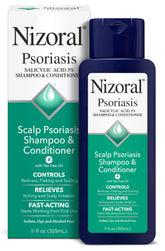 Nizoral psoriasis shampoo bottle showing maximum-strength medicine for scalp relief.