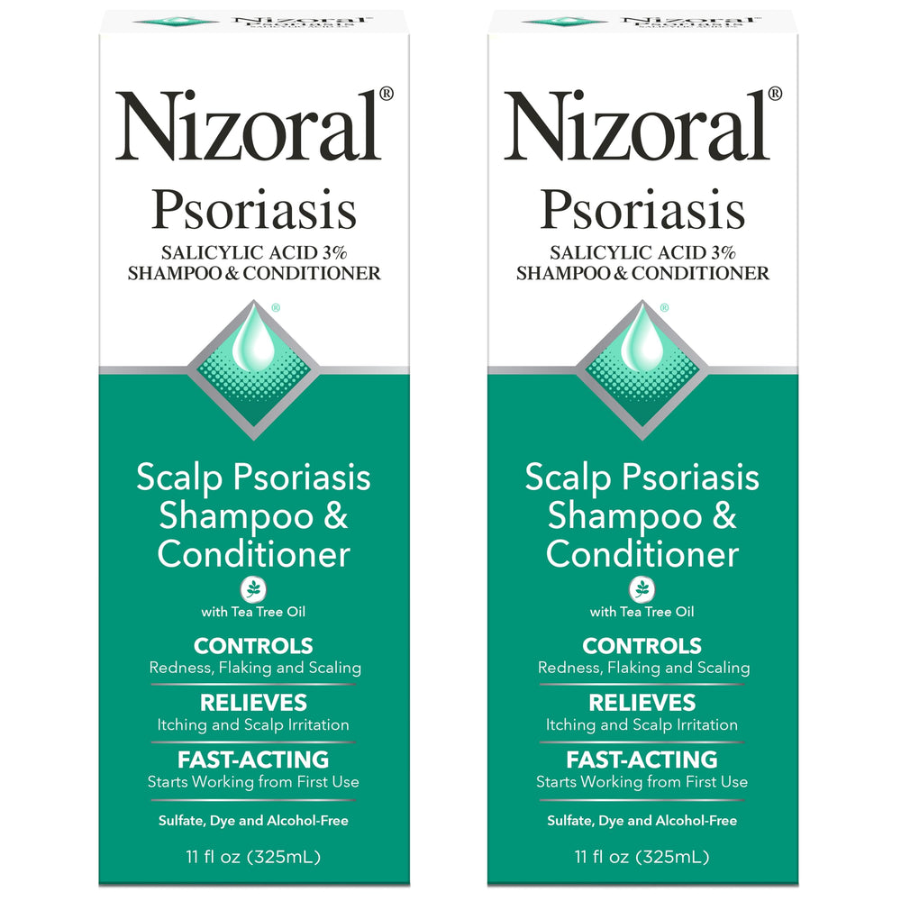 Nizoral psoriasis shampoo bottle shown with rich lather for soothing scalp relief.