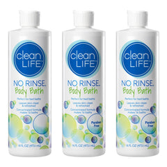 No-Rinse Clean Life Body Bath bottle close-up showing compact size for easy cleansing.