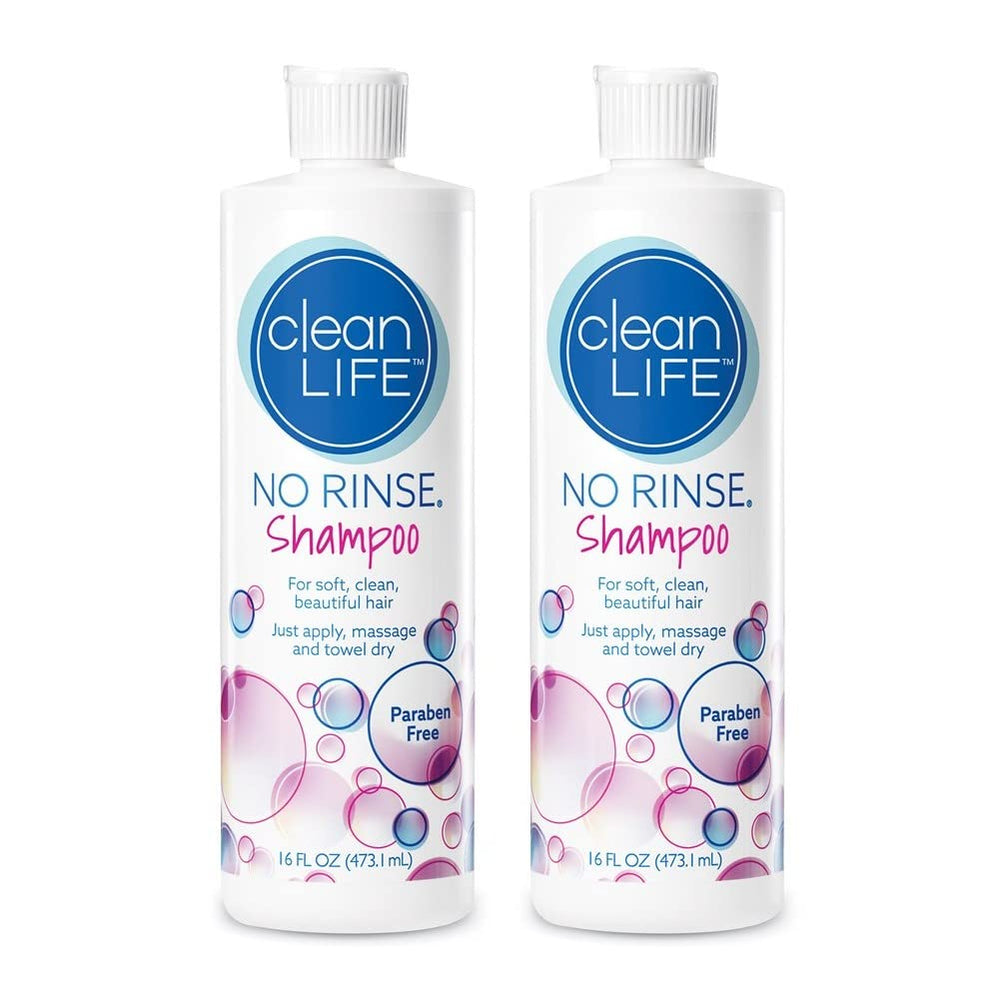 No-Rinse Shampoo bottle pour demonstrates convenient rinse-free cleansing for limited shower access.