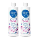 No-Rinse Shampoo bottle pour demonstrates convenient rinse-free cleansing for limited shower access.