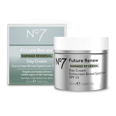 No7 Future Renew damage reversal cream jar shows a rich, hydrating texture.