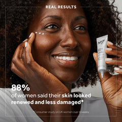 No7 Future Renew ingredients graphic highlights peptide tech and antioxidants for brightening support.