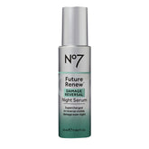 No7 bottle front view showing Future Renew Damage Reversal Night Serum benefits