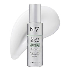 No7 Future Renew serum bottle closeup highlights peptide technology for radiant skin.