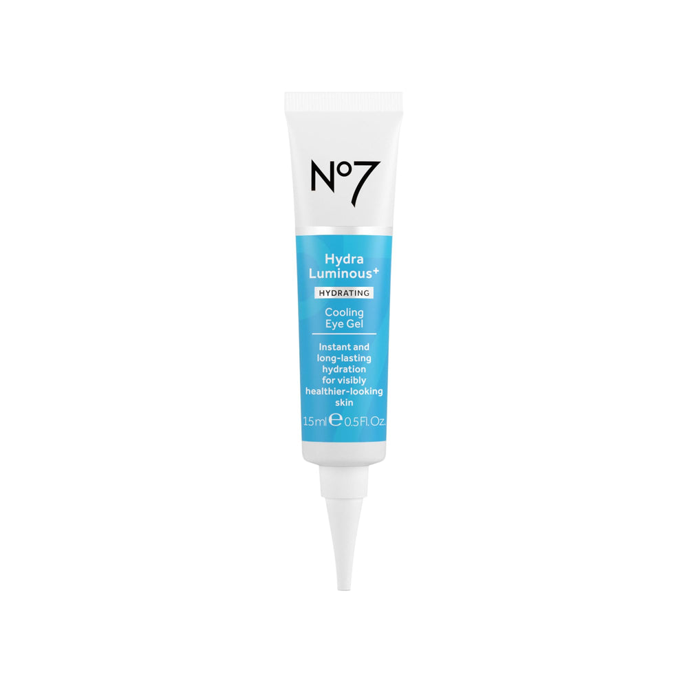 No7 HydraLuminous cooling eye gel jar closeup highlights a hydrating formula for refreshed eyes.