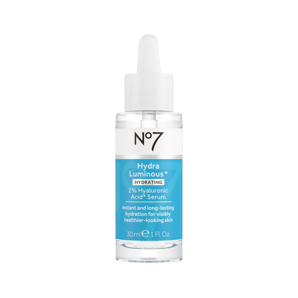 No7 HydraLuminous serum bottle shows hydration potency for plump skin