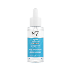 No7 HydraLuminous serum bottle shows hydration potency for plump skin
