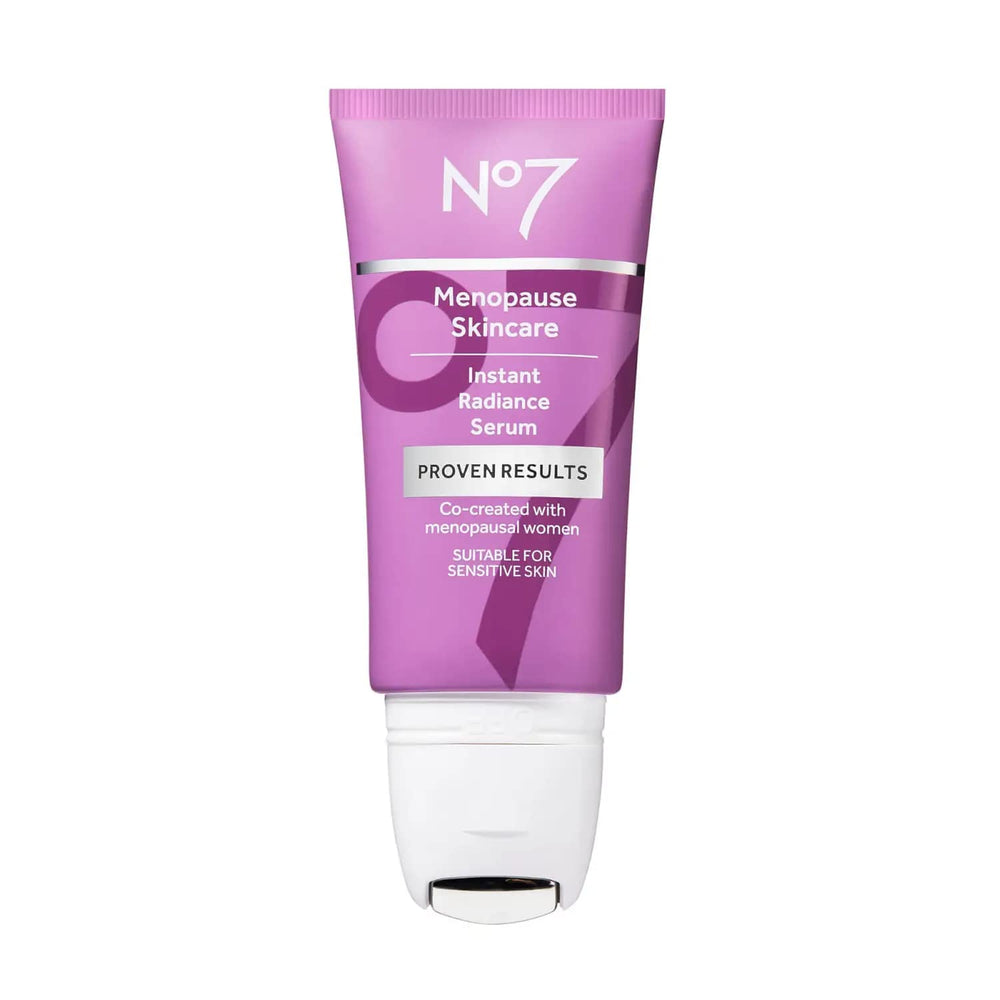 No7 Instant Radiance Serum bottle closeup shows hydration for radiant skin.