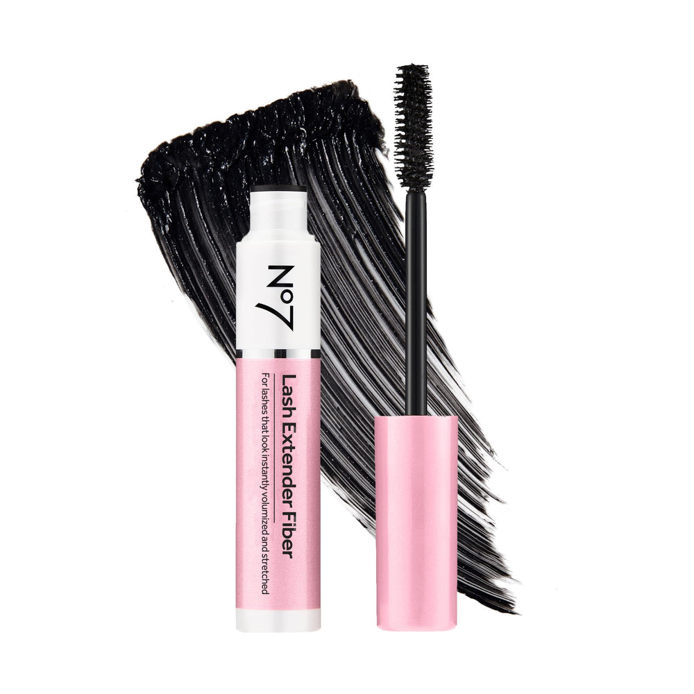 No7 Lash Extender Fiber Mascara bottle shows bamboo-fiber formula for voluminous lashes