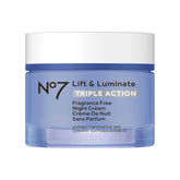 No7 Lift and Luminate night cream jar ready for overnight hydration and firming glow.
