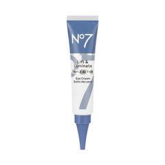 No7 Lift & Luminate cream tube close-up highlighting brightening under-eye care.