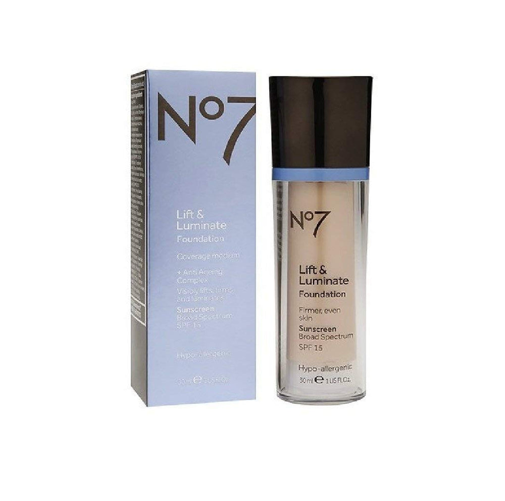 No7 foundation front packaging showing bottle and shade for natural radiance