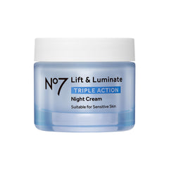 No7 Lift & Luminate night cream bottle close-up showing rich texture for radiant skin