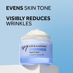 No7 Lift & Luminate night cream jar texture highlight for smooth moisturized skin