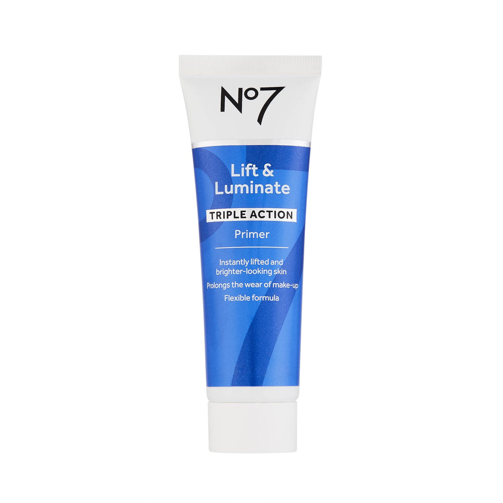 No7 Lift and Luminate Primer bottle closeup highlighting hydrating glow for makeup base