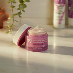 No7 menopause night cream ingredient close-up showing ceramides for hydration.