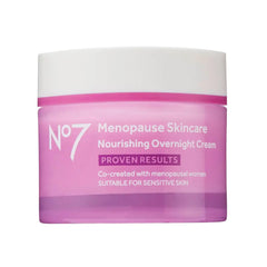 No7 menopause nourishing overnight cream jar on vanity delivering overnight hydration.