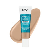 No7 Protect & Perfect foundation bottle close-up with hydrating SPF 50 protection