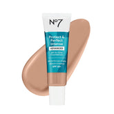 No7 Protect & Perfect Advanced Foundation Cool Beige bottle with pump delivering smooth, even-toned skin.