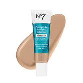 No7 Protect & Perfect Foundation Warm Beige bottle with SPF 50 showing smooth skin tone potential