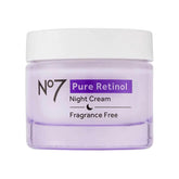 No7 Pure Retinol Night Cream tube closeup emphasizes fragrance-free smoothing hydration