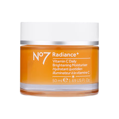 No7 Radiance+ Vitamin C cream bottle shows brightening skincare for dry skin.