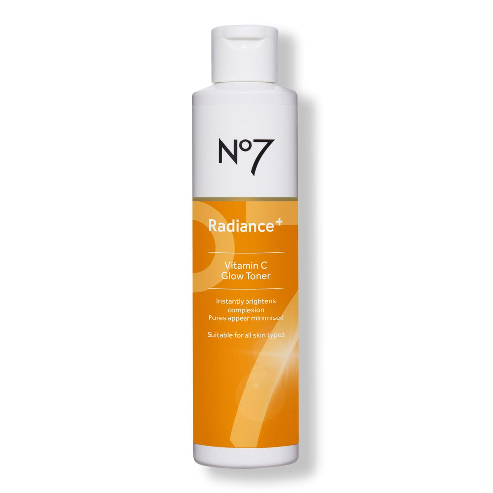 No7 Radiance+ Toner bottle demonstrates hydrating, glow-boosting skincare.