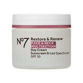 No7 Restore & Renew cream tube closeup showing creamy texture for firming and hydration.