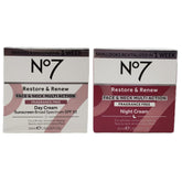 No7 front packaging showing both day and night jars; clarity and compact set