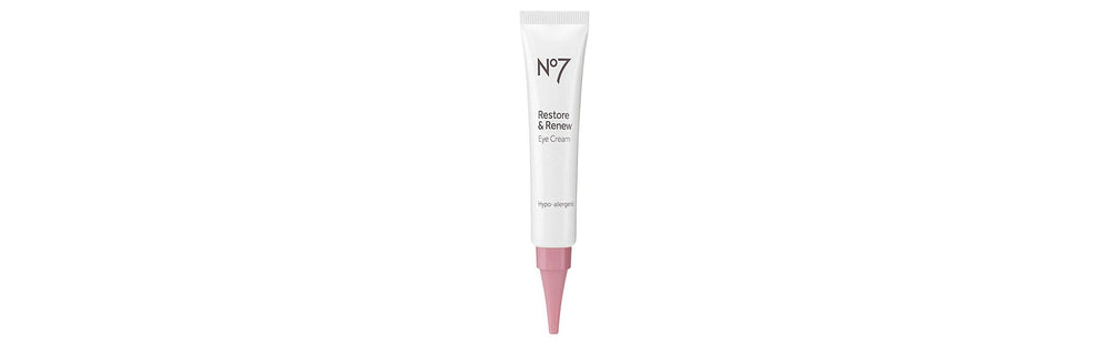 No7 Restore & Renew Eye Cream front jar showing packaging and hydrating sheen benefit