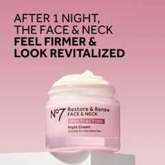 No7 Restore & Renew night cream applied to face and neck for overnight moisture.