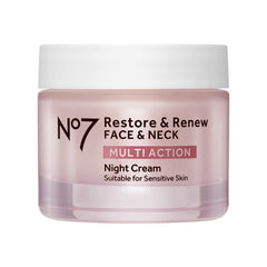 No7 Restore & Renew night cream jar closeup showing rich texture for overnight hydration.