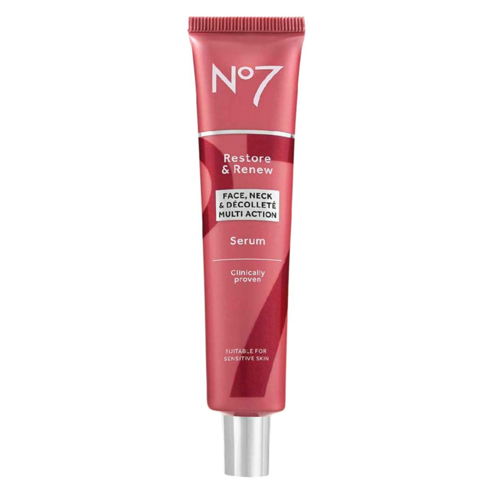 No7 Restore & Renew serum bottle closeup showing collagen-infused formula for firmer, smoother skin.