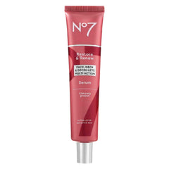No7 Restore & Renew serum bottle closeup showing collagen-infused formula for firmer, smoother skin.