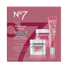No7 Restore & Renew facial serum neck bottle close-up highlighting dual action